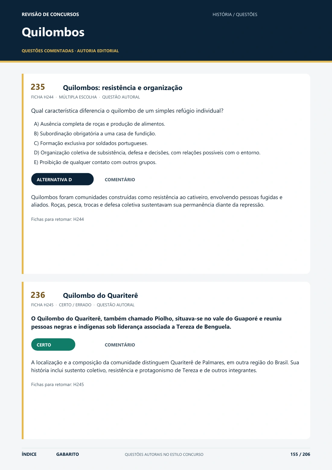 Questão comentada de História sobre quilombos